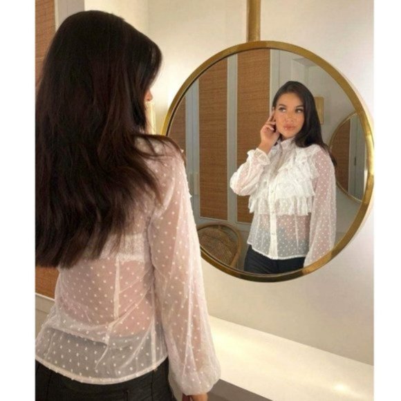 White Polka Dot Long Sleeve High Neck Ruffle Blouse Top - Picture 6 of 15